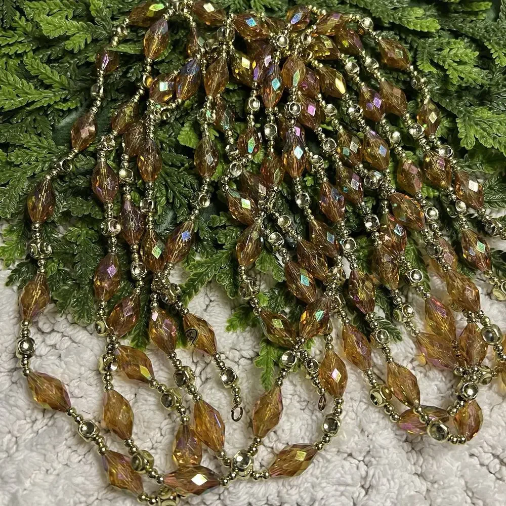 Amber Gold Iridescent Faceted Beaded Garland 24’ (Set of 2, Each 12’) Christmas